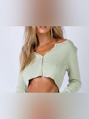 Princess Polly Cropped Ribbed Cardigan Sage Green Button Front Size 0